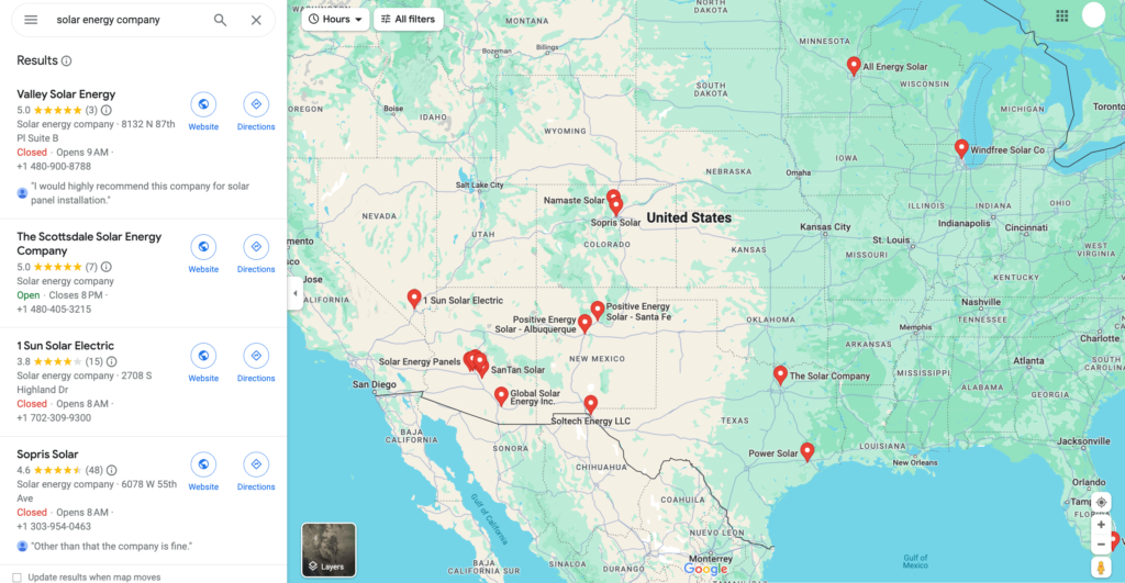 Solar energy companies in USA on Google Map